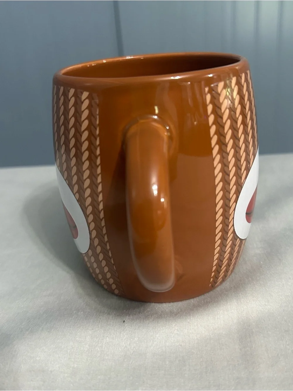 Galerie Sock Monkey Double Handle Mug Coffee Cup Brown Knit Pattern Ceramic